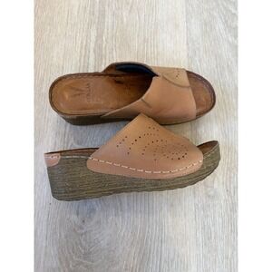 Made In Italy Leather Platform Wedge‎ Mule Sandals EU 38 US 7.5 8 Tan Slides